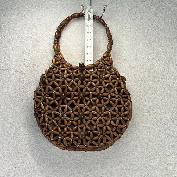 Vintage Wood Beaded Purse Handbag Lined MCM Hippie Floral Boho - Picture 8 of 9